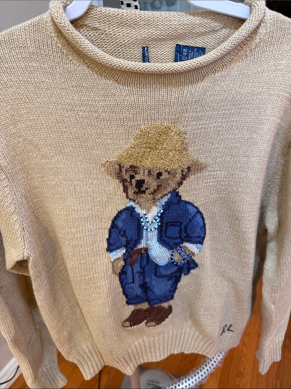 Polo Ralph Lauren Beige Crewneck Sweater with Teddy Bear FLAWED Sz XS. Box30
